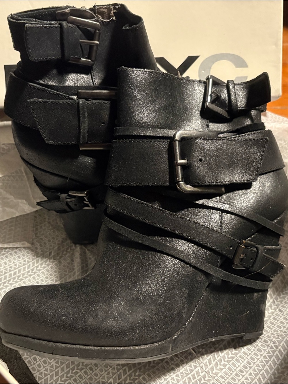 DKNYC Black Strappy Wedge Ankle Boots